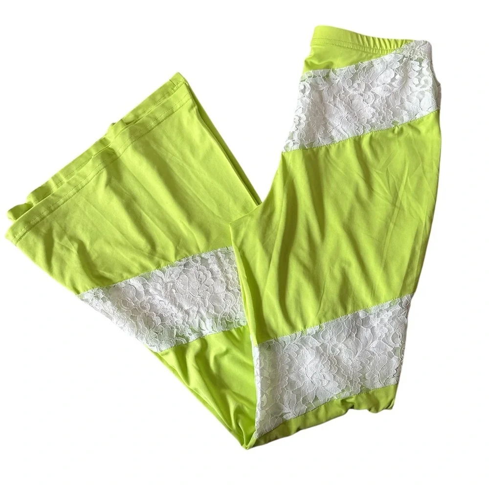 Lace-Trimmed Lime Green Flare Pants - Picture 4 of 5